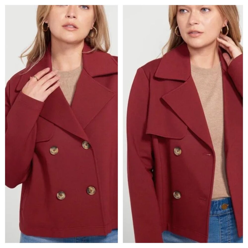 Betabrand Double-Breasted Brick Red Cropped Blazer